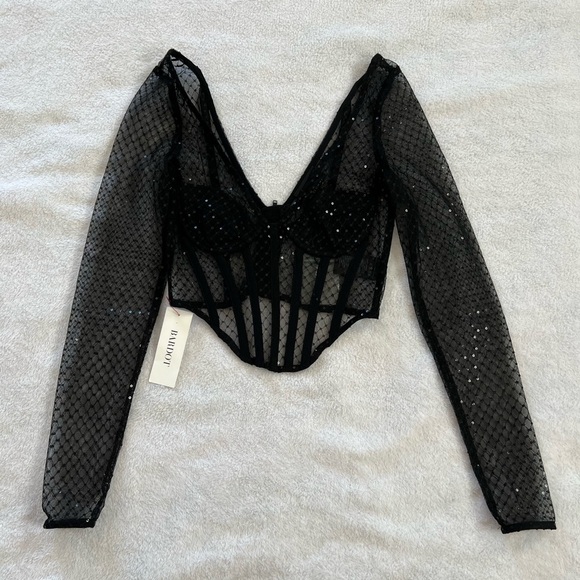 Bardot Sequin Mesh Corset Top in Black - Picture 4 of 6
